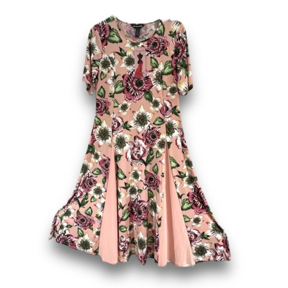 NINA LEONARD Dusty Pink Rose fit flare scoop neck short sleeve dress NWOT PM